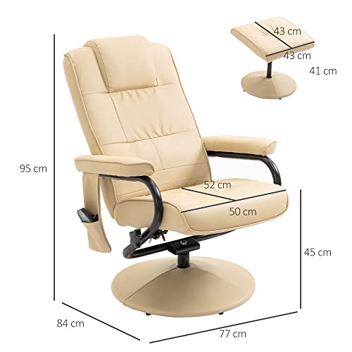 HOMCOM Sillón de Masaje Eléctrico con Taburete Reposapiés Sillón Relax Giratorio Reclinable hasta 145° con Control Remoto y 10 Zonas de Masaje Tapizado en PU 77x84x95 cm Beige