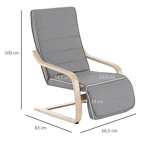 HOMCOM Sillón de Relax Silla de Relax Madera de Abedul Reposapiernas a 5 Niveles 66,5x83x100cm 2 Colores (Gris)