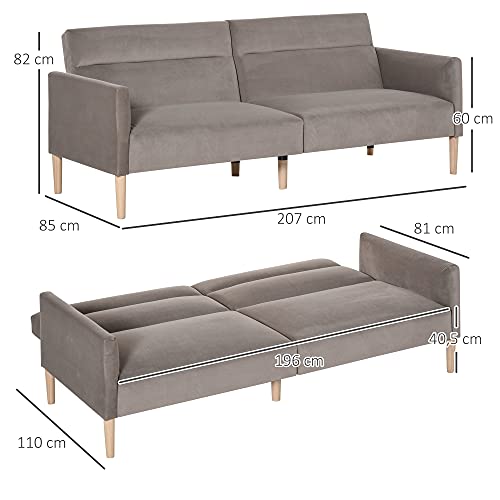 HOMCOM Sofá Cama Convertible y Reclinable con Reposabrazos y 2 Respaldos Ajustables por Separado en 3 Posiciones Aterciopelado 207x85x82 cm Gris