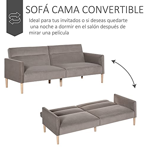 HOMCOM Sofá Cama Convertible y Reclinable con Reposabrazos y 2 Respaldos Ajustables por Separado en 3 Posiciones Aterciopelado 207x85x82 cm Gris