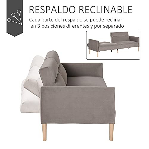 HOMCOM Sofá Cama Convertible y Reclinable con Reposabrazos y 2 Respaldos Ajustables por Separado en 3 Posiciones Aterciopelado 207x85x82 cm Gris