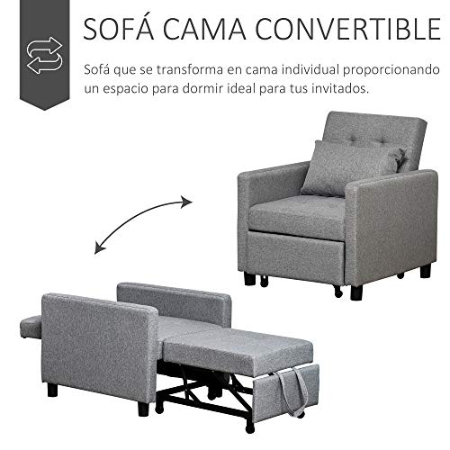 HOMCOM Sofá Cama Individual Sillón con Respaldo Reclinable Cojín desenfundable Asiento Acolchado y 4 Ruedas 69x77x84 cm Gris