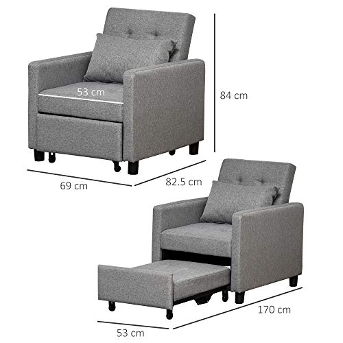 HOMCOM Sofá Cama Individual Sillón con Respaldo Reclinable Cojín desenfundable Asiento Acolchado y 4 Ruedas 69x77x84 cm Gris