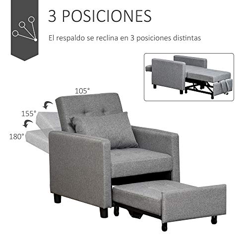 HOMCOM Sofá Cama Individual Sillón con Respaldo Reclinable Cojín desenfundable Asiento Acolchado y 4 Ruedas 69x77x84 cm Gris