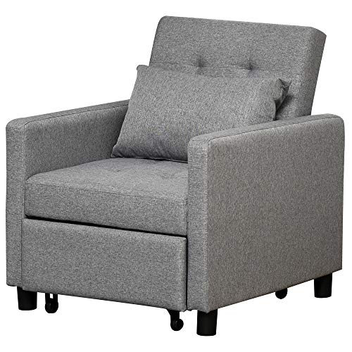 HOMCOM Sofá Cama Individual Sillón con Respaldo Reclinable Cojín desenfundable Asiento Acolchado y 4 Ruedas 69x77x84 cm Gris