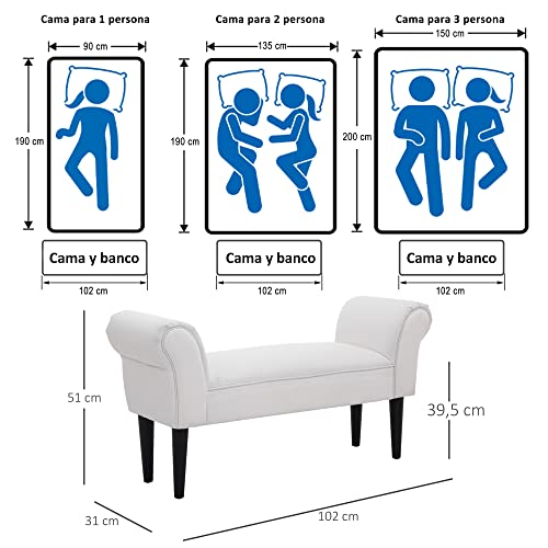 HOMCOM Taburete Pie de Cama Banqueta con Brazos Tapizada Tipo Banco de Madera para Dormitorio Salón Recibidor 102x31x51cm Carga 130kg