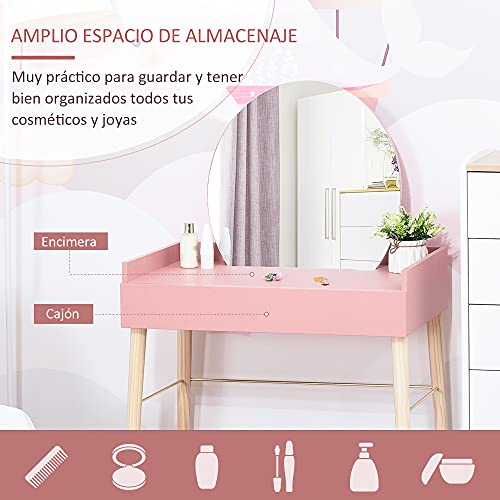 HOMCOM Tocador Mesa de Maquillaje con Espejo Redondo Cajón y Patas de Madera Maciza Estilo Moderno Nórdico para Dormitorio Vestidor 76x48x123,5 cm Rosa