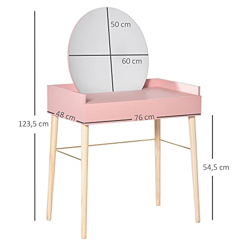 HOMCOM Tocador Mesa de Maquillaje con Espejo Redondo Cajón y Patas de Madera Maciza Estilo Moderno Nórdico para Dormitorio Vestidor 76x48x123,5 cm Rosa