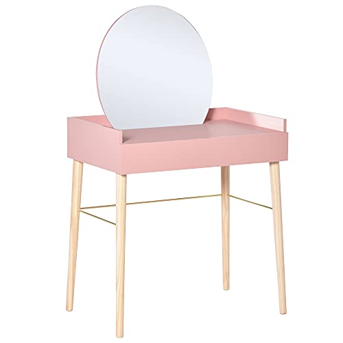 HOMCOM Tocador Mesa de Maquillaje con Espejo Redondo Cajón y Patas de Madera Maciza Estilo Moderno Nórdico para Dormitorio Vestidor 76x48x123,5 cm Rosa