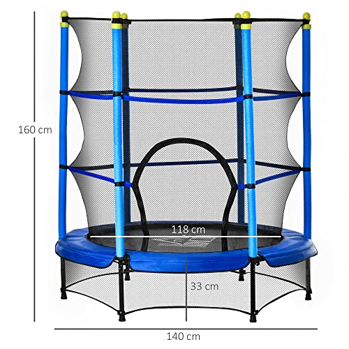 HOMCOM Trampolín para Niños de +3 Años Cama Elástica de Salto Infantil con Red de Seguridad y Marco Acero para Interiores y Exteriores Carga 45 kg 140x140x160 cm Azul