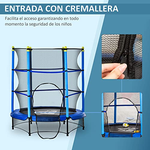 HOMCOM Trampolín para Niños de +3 Años Cama Elástica de Salto Infantil con Red de Seguridad y Marco Acero para Interiores y Exteriores Carga 45 kg 140x140x160 cm Azul