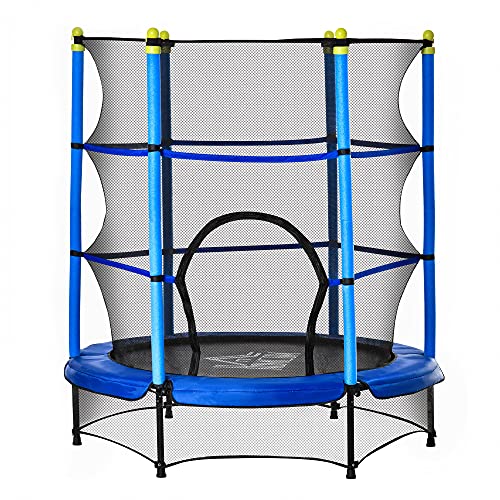 HOMCOM Trampolín para Niños de +3 Años Cama Elástica de Salto Infantil con Red de Seguridad y Marco Acero para Interiores y Exteriores Carga 45 kg 140x140x160 cm Azul