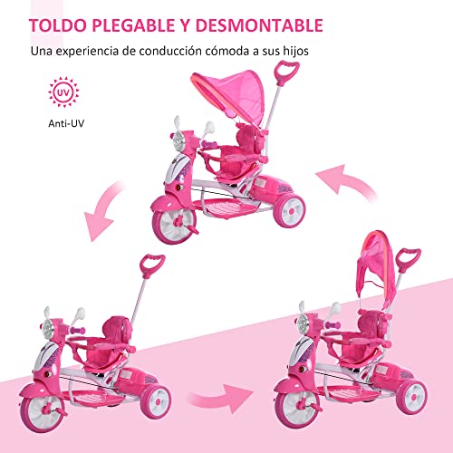 HOMCOM Triciclo para Niños de +18 Meses Triciclo Evolutivo Infantil con Capota Extraíble Asiento Giratorio Barra de Seguridad y Función de Luz Música 102x48x96 cm Rosa