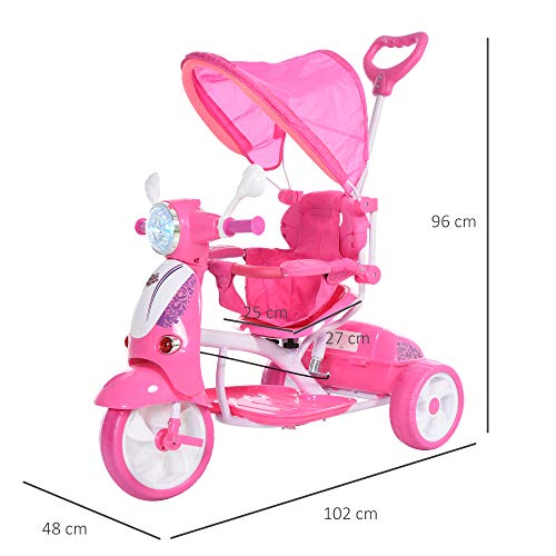 HOMCOM Triciclo para Niños de +18 Meses Triciclo Evolutivo Infantil con Capota Extraíble Asiento Giratorio Barra de Seguridad y Función de Luz Música 102x48x96 cm Rosa