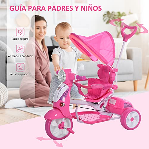 HOMCOM Triciclo para Niños de +18 Meses Triciclo Evolutivo Infantil con Capota Extraíble Asiento Giratorio Barra de Seguridad y Función de Luz Música 102x48x96 cm Rosa