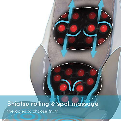 HoMedics Shiatsu Max Asiento de Masajes Eléctrico para Espalda y Hombros – Silla Masajeadora con 14 Programas, Intensidad y Calor Regulables, Vibración, Masaje Shiatsu, Localizado o Completo - Gris