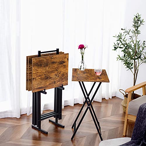 HOOBRO Plegable Mesa Auxiliar de 4 con Soporte de Almacenamiento a Juego, pequeño Plegable Mesa de TV, Fácil Almacenamiento Estructura, Marrón Rústico y Negro EBF50BZ01