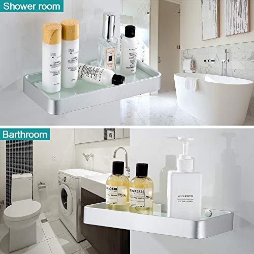 Hoomtaook Accesorios baño sin Taladro Estanteria Ducha Rectangular de Vidrio Templado Cesta de Ducha Organizador de baño sin daños Aluminio Aeroespacial Plata