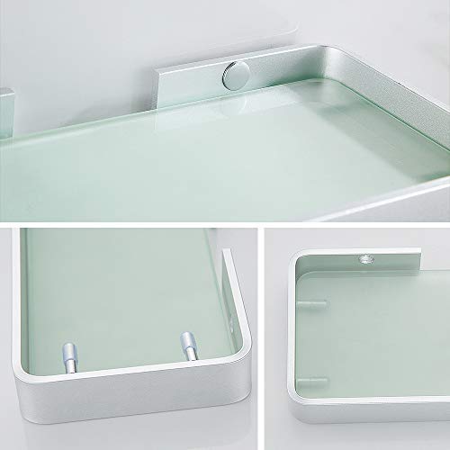 Hoomtaook Accesorios baño sin Taladro Estanteria Ducha Rectangular de Vidrio Templado Cesta de Ducha Organizador de baño sin daños Aluminio Aeroespacial Plata