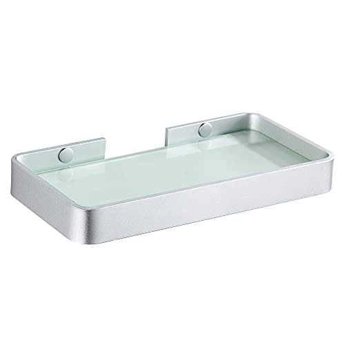 Hoomtaook Accesorios baño sin Taladro Estanteria Ducha Rectangular de Vidrio Templado Cesta de Ducha Organizador de baño sin daños Aluminio Aeroespacial Plata