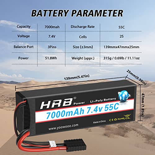 HRB - Batería de polímero de litio de 7000 mAh, 7,4 V, 55 C, 2S RC, con conector TR, batería de repuesto para avión, helicóptero, barco, buggy, Wing, coche teledirigido