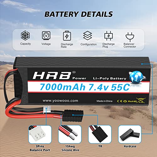 HRB - Batería de polímero de litio de 7000 mAh, 7,4 V, 55 C, 2S RC, con conector TR, batería de repuesto para avión, helicóptero, barco, buggy, Wing, coche teledirigido