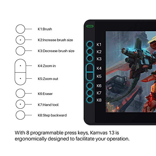 HUION Kamvas 13 Tableta Grafica con Pantalla (negro) Pantalla Laminada Completa de 13,3 Pulgadas, 8 Teclas de Prensa Programables Admite Conectividad con Dispositivo Android, y Uso de conferencias Web