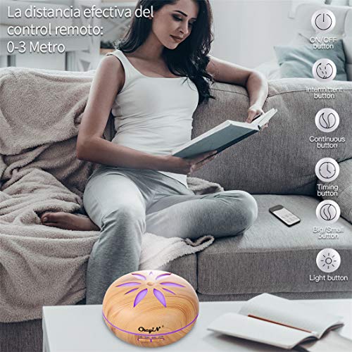 Humidificador Ultrasónico 550ml,Aceites Esenciales Difusor de Aromaterapia Control Remoto -7 Colores+4 Temporizador-Para la Habitación del Bebé/SPA/Yoga/Masaje/Oficina,Etc (A)