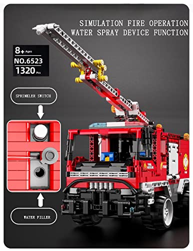 HZIH Technic Juguete De Bloques De Construcción De Camión De Bomberos con Control Remoto,1320+ Piezas City Fire Rescue Truck Simulación Modelo,Montaje De Juguetes Educativos para Niños A