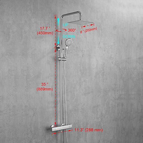 Ibergrif M21811 Sistema Columna Cuadrado de Ducha Termostática con Rociador, Alcachofa, Manguera, Barra Ajustable y Soporte, Cromo, Plata