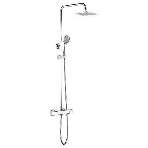 Ibergrif M21811 Sistema Columna Cuadrado de Ducha Termostática con Rociador, Alcachofa, Manguera, Barra Ajustable y Soporte, Cromo, Plata