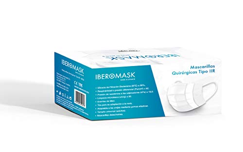 IBEROMASK Mascarilla Quirúrgica Tipo IIR. Made in Spain. Homologadas. BFE ? 98% Caja 50 Unidades (Blanco)