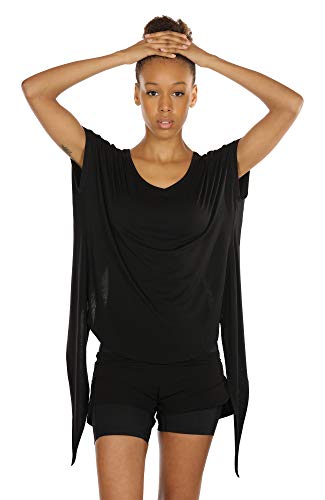 icyzone Camiseta sin Mangas Deportiva de Manga Corta de Espalda Abierta para Mujer para Yoga -M-Negro