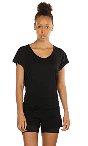 icyzone Camiseta sin Mangas Deportiva de Manga Corta de Espalda Abierta para Mujer para Yoga -M-Negro