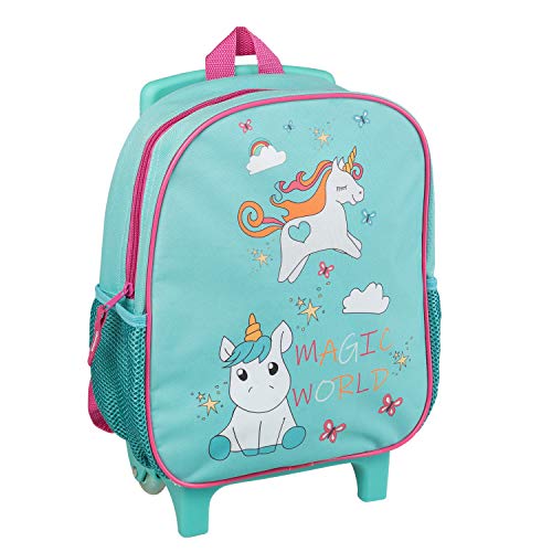 Idena 20069 - Mochila trolley con 2 ruedas de purpurina, para niñas, color turquesa con motivo de unicornio mágico, como maleta de mano, carro escolar y mochila infantil, aprox. 31 x 27 x 10 cm