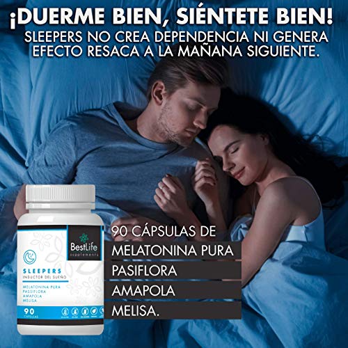 Inductor del Sueño Natural | Melatonina Pura con Pasiflora, Amapola y Melisa | Elimina el Insomnio y mejora la calidad del sueño | Efectos en 30 min duraderos hasta 8 horas | Fórmula Natural | 90 Caps