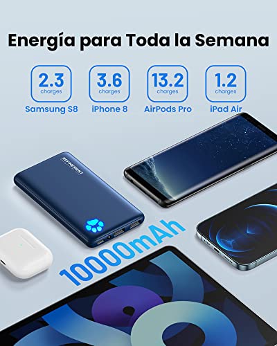 INIU Bateria Externa Movil 10000mAh, Ultra Delgado Tri-Outputs de Alta Velocidad 3A Power Bank, USB C & Linterna Cargador portatil batería para Huawei Samsung iPhone Xiaomi Nokia iPad LG Tableta etc.