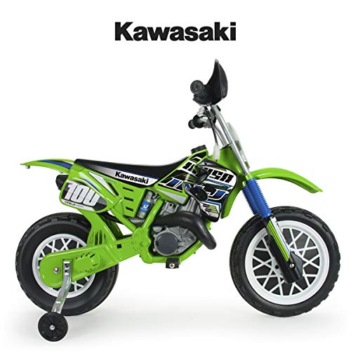 INJUSA - Moto Cross Kawasaki a Batería 6V Licenciada con Acelerador en Puño y Bandas de Goma en las Ruedas Recomendada a Niños +3 Años