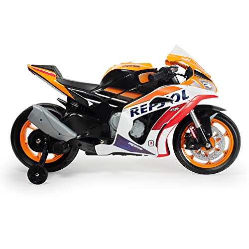 INJUSA - Moto Eléctrica Repsol 12V con Acelerador en Puño Ruedas Estabilizadoras Luces y Entrada Mp3 Recomendada para Niños +3 Años