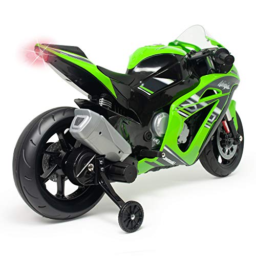 INJUSA – Moto Ninja Kawasaki ZX10 a 12V con Acelerador en Puño, Entrada para Mp3 y Ruedas Estabilizadoras Recomendada a Niños +3 Años