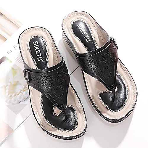 INMINPIN Chanclas de Cuña Mujer Verano Elegante Sandalias de Dedo Cuero Cómodo Plataforma Flip Flop Zapatillas de Playa Interior y Exterior,Negro,41 Mujer