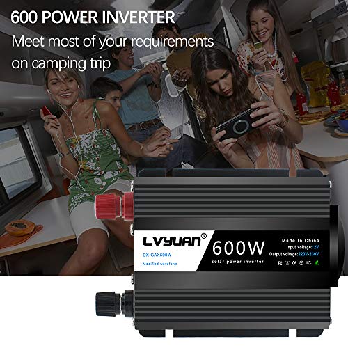 Inversor 12v a 220v - 240V 600W Cantonape Onda Sinusoidal Modificada Transformador 12v a 220v Conversor con 2 Puertos USB y 1 Enchufe de AC Diseño de Aluminio, con Mechero de Coche