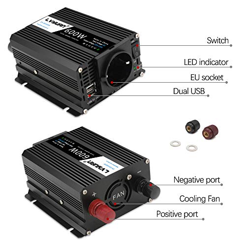 Inversor 12v a 220v - 240V 600W Cantonape Onda Sinusoidal Modificada Transformador 12v a 220v Conversor con 2 Puertos USB y 1 Enchufe de AC Diseño de Aluminio, con Mechero de Coche