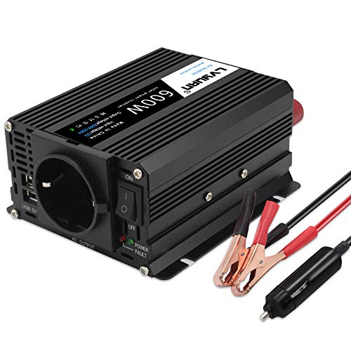 Inversor 12v a 220v - 240V 600W Cantonape Onda Sinusoidal Modificada Transformador 12v a 220v Conversor con 2 Puertos USB y 1 Enchufe de AC Diseño de Aluminio, con Mechero de Coche