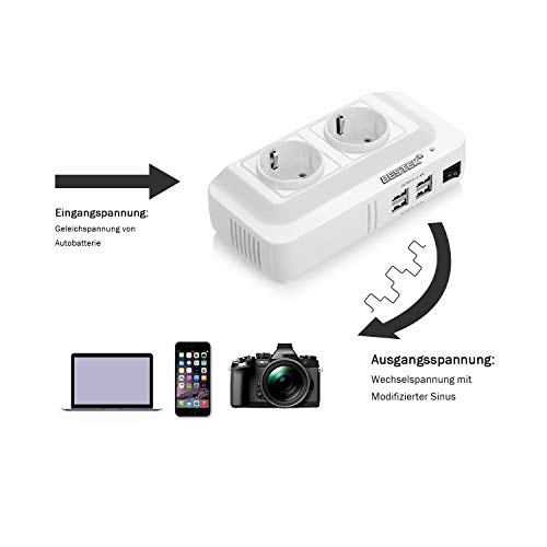 Inversor de Corriente 200W 12V a 220V BESTEK Transformador Convertidor Portátil para Viaje con 4 Salidas USB, 2 AC Tomas (con Mechero de Coche), Convertidor Onda Modificada con Protección, Blanco