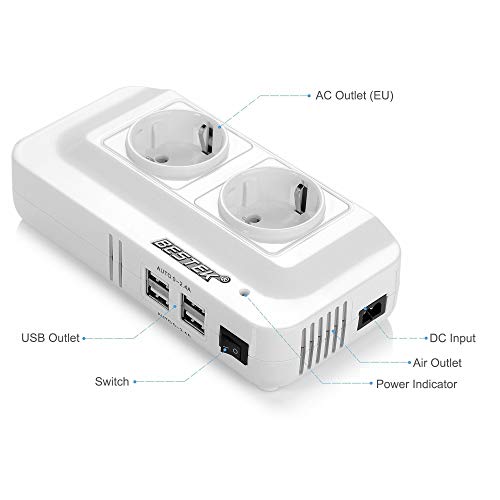 Inversor de Corriente 200W 12V a 220V BESTEK Transformador Convertidor Portátil para Viaje con 4 Salidas USB, 2 AC Tomas (con Mechero de Coche), Convertidor Onda Modificada con Protección, Blanco