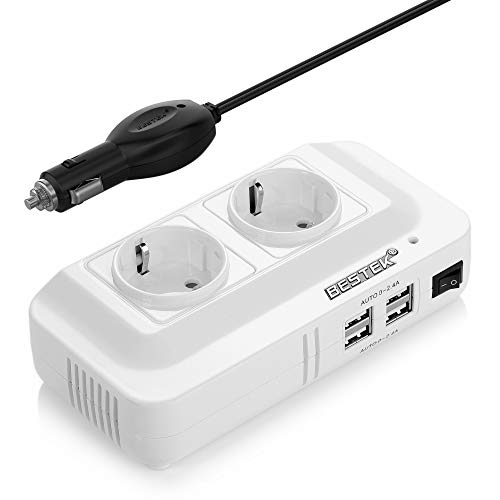 Inversor de Corriente 200W 12V a 220V BESTEK Transformador Convertidor Portátil para Viaje con 4 Salidas USB, 2 AC Tomas (con Mechero de Coche), Convertidor Onda Modificada con Protección, Blanco