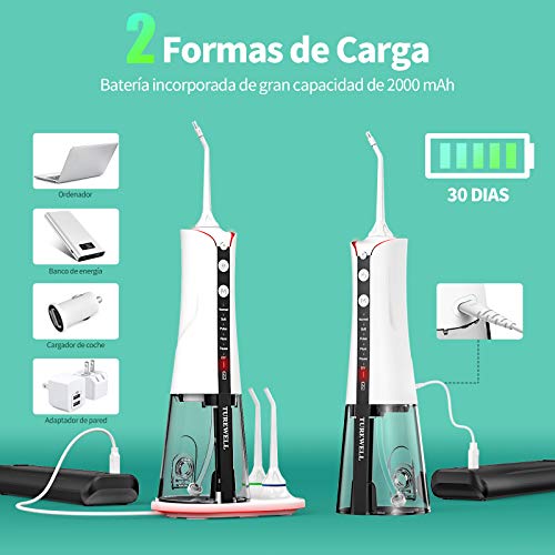 Irrigador Bucal Inalambrico,TUREWELL Portatil Profesional Irrigador Dental con 300ML Tanque, 6 Modos y 5 Boquillas,IPX7 a Prueba de Agua y 2 Formas de Carga, Irrigadores dentales para viajes / hogar