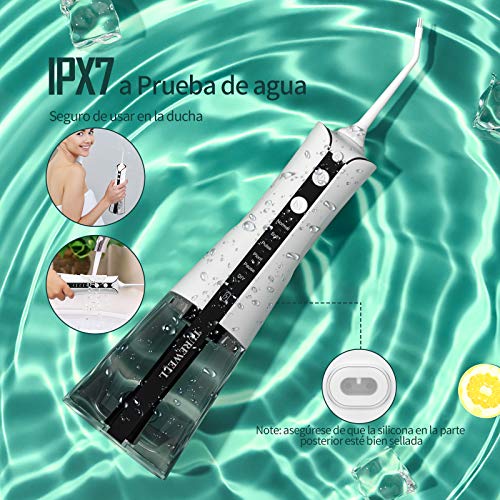 Irrigador Bucal Inalambrico,TUREWELL Portatil Profesional Irrigador Dental con 300ML Tanque, 6 Modos y 5 Boquillas,IPX7 a Prueba de Agua y 2 Formas de Carga, Irrigadores dentales para viajes / hogar