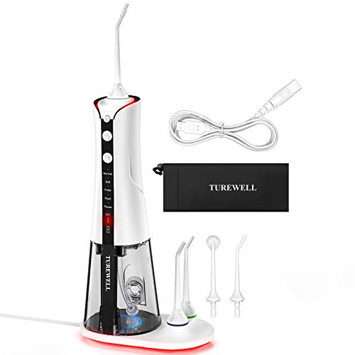 Irrigador Bucal Inalambrico,TUREWELL Portatil Profesional Irrigador Dental con 300ML Tanque, 6 Modos y 5 Boquillas,IPX7 a Prueba de Agua y 2 Formas de Carga, Irrigadores dentales para viajes / hogar